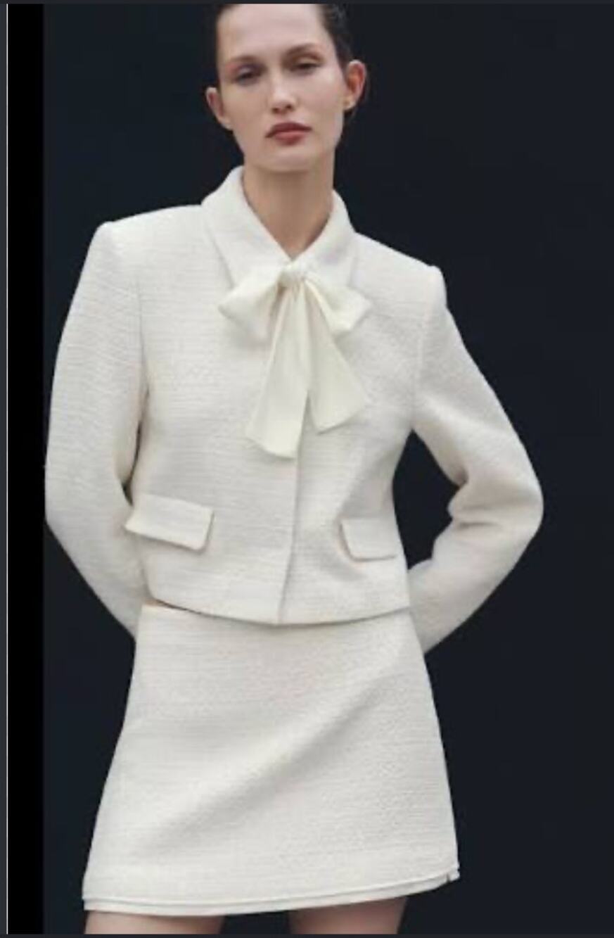 ZARA 2025 Collection Bow Trim Textured Blazer Tweed Crop 2465/122 Medium 6 8 NWT
